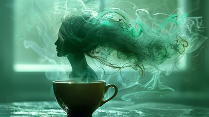 a tea spirit emerging from swirling steam above a cup of freshly brewed tea, embodies the essence of tranquility and rejuvenation - obrazy, fototapety, plakaty