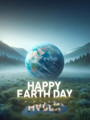 Happy Earth Day Illustration: Planet and letters on the grass.generative ai art
