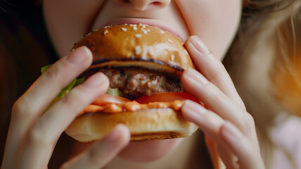 ハンバーガーを食べる女性の口元 - obrazy, fototapety, plakaty