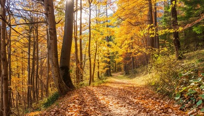 autumn forest landscape with path autumn leaves and warm light illuminates the golden foliage footpath in autumn forest nature scene bright october day in a colorful forest generative ai