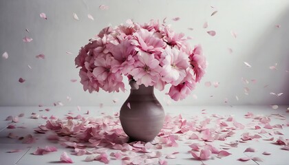 a vase filled with lots of pink flowers on top of a white floor covered in pink petals and petals scattered all over the floor and on the side of the vase - Powered by Adobe
