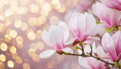 closeup of blooming magnolia tree in spring on pastel bokeh background