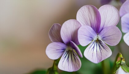 extreme macro picture of two purple viola flowers closeup view of colorful viola blooming flowers with tender purple petals and green leaves growing in nature abstract floral background