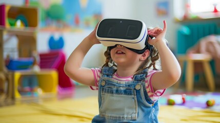 A young girl in overalls is immersed in a virtual reality experience through a headset.