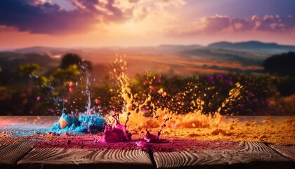 colorful paint splatters abstract with empty ground in foreground