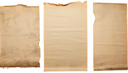 create a High Quality, 3 Old worn paper sheet ,on white background