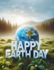 Happy Earth Day Illustration: Planet and letters on the grass.generative ai art