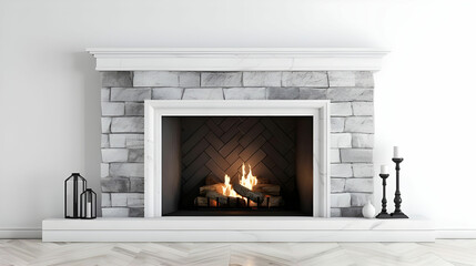 create a High Quality, fireplace modern, classic and stone style. beautiful lit fireplaces surrounded by modern tile ,on white background,
