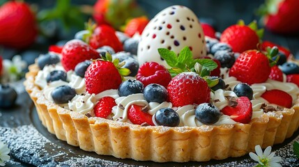   A Strawberry, Blueberry, Raspberry Tart Topped with an Egg