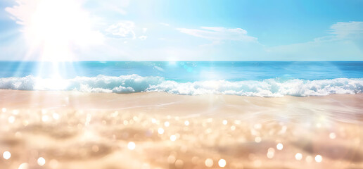 Blurred background of a beautiful sandy beach with a blue sky and sun rays Summer concept