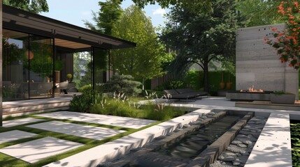 A modern courtyard with a minimalist water feature and a linear fire pit making a bold statement in the design. 2d flat cartoon. - obrazy, fototapety, plakaty