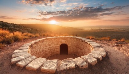 empty tomb of jesus christ at sunrise resurrection