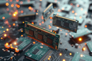 printed circuit board, Immerse yourself in the digital realm with this captivating visual featuring the flying parts of a computer's memory, focusing on dynamic random-access memory (RAM) modules