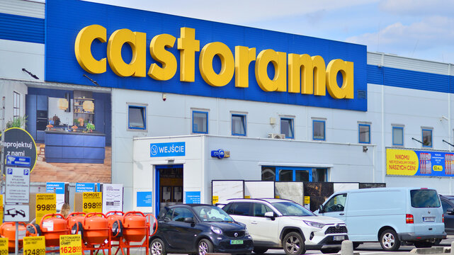Warsaw, Poland. 28 April 2024. Signboard with brand logo of Castorama home improvement retailer and building supplies store.