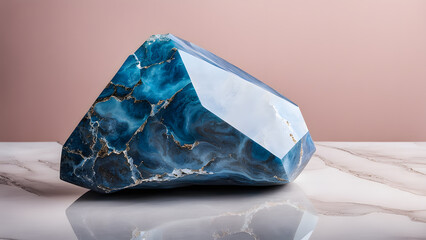 A large blue stone with gold accents sits on a white marble countertop