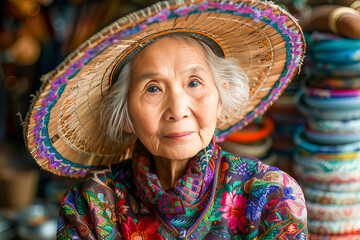 Elderly woman in traditional hat amidst colorful crafts