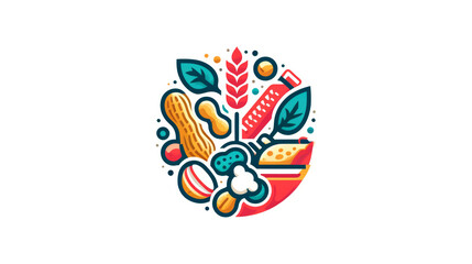 Colorful illustration featuring a diverse selection of foods, including fruits, vegetables, nuts, and grains, artistically arranged in a dynamic and modern design promoting a healthy diet