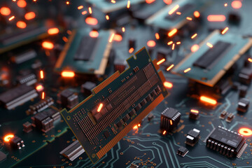 electronic circuit board, Immerse yourself in the digital realm with this captivating visual featuring the flying parts of a computer's memory, focusing on dynamic random-access memory (RAM) modules