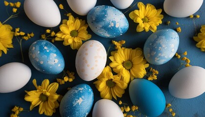 easter poster vertical banner design blue and white easter eggs with yellow flowers on dark blue background top view flat lay - Powered by Adobe
