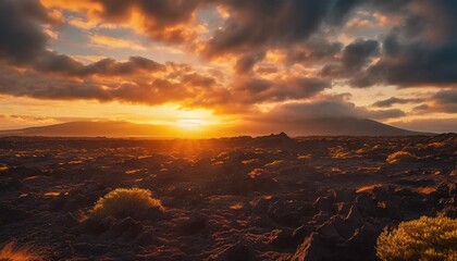 lava field under sunset clouds on background