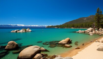 the sandy shores and rocky waters of sand harbor state park located on the nevada side of lake tahoe usa