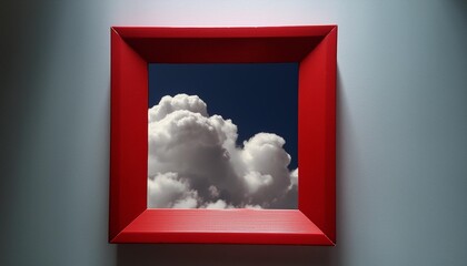 3d render abstract fantasy background flying realistic clouds red square hole on the white wall minimalist geometric wallpaper