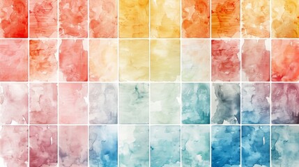 A grid of watercolor swatches in various shades of red, orange, yellow, green, blue, and purple.
