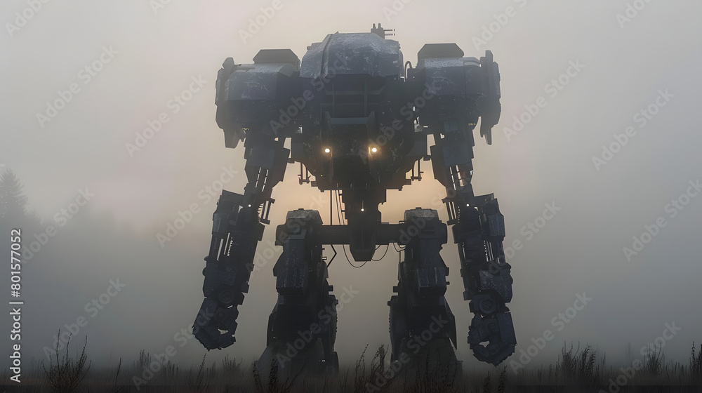 Poster a large robot standing in the middle of a foggy field