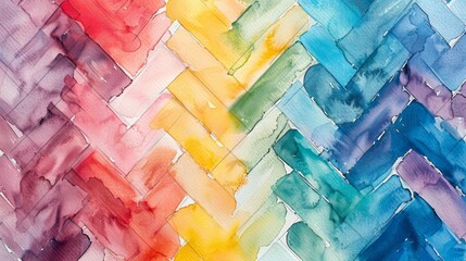 A watercolor painting of a herringbone pattern in rainbow colors.