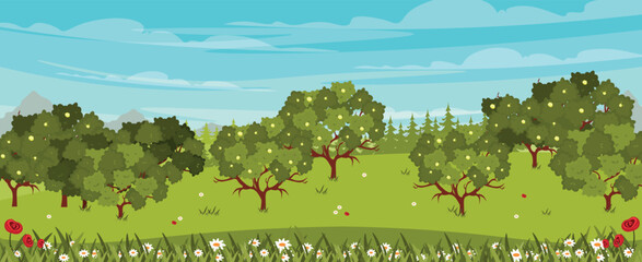 Vector illustration of a beautiful garden landscape.Cartoon scene of blooming trees with lush crowns, branches, daisies, roses, green grass, silhouettes of Christmas trees, sky with clouds, mountains.