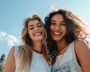 Fototapeta premium Two smiling friends taking a selfie outdoors.