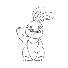 Cute hare waving his hand. Greeting card for coloring. 