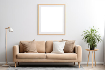 Poster mockup in modern scandinavian living room interior with sofa. Frame mock up, blank artwork template