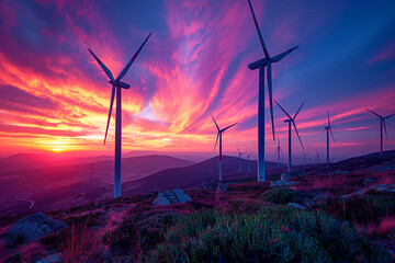 Wind turbines at sunset, silhouettes of wind turbines in the mountains