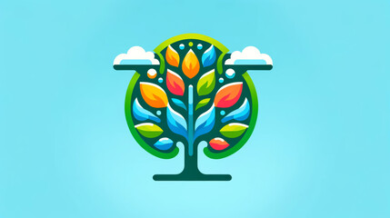Vibrant, stylized illustration of a tree symbolizing the four seasons, with colorful leaves and clouds against a soothing blue background, ideal for educational and environmental themes