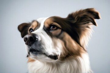 Fototapeta premium background camera dog white mixed breed looking pet horizontal studio shot nobody no people photo color image indoor one animal alone full-length front view cut-out isolated on brown canino carnivore'