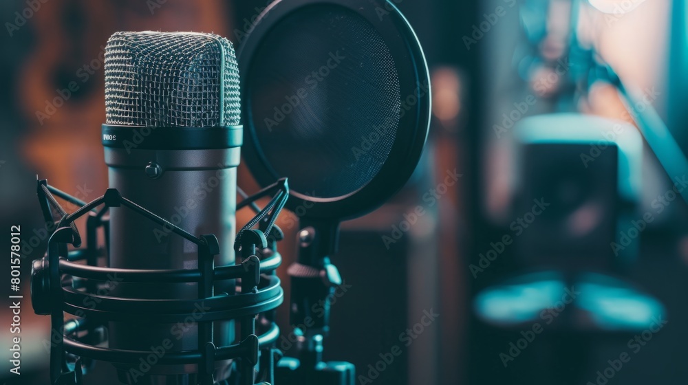 Poster A microphone positioned in the foreground with a microphone stand blurred in the background.