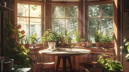 A sun-drenched breakfast nook with a round table, bay windows, and potted herbs on the sill.