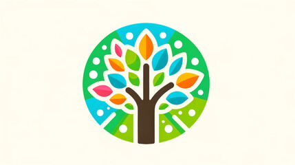 Vibrant and playful colorful abstract tree icon with diverse leaves and organic growth. Perfect for branding and environmental concepts in modern. Simplistic design