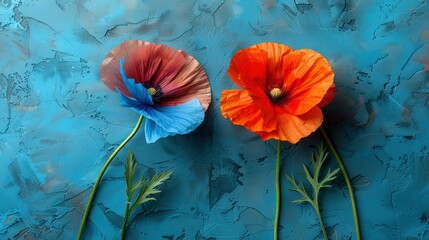   Two orange and blue flowers sit on a blue background, their stems green In the foreground, two additional flowers bloom