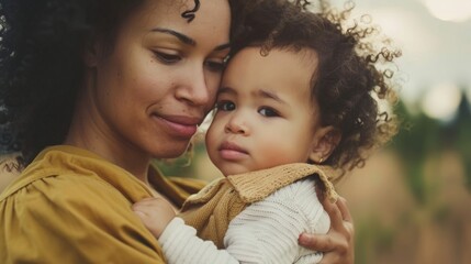 Obraz premium A woman holds a baby in her arms, showing tender care and affection.