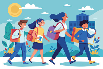 Diverse Group of Smiling Students and Teacher Walking to School with Backpacks, Flat Illustration