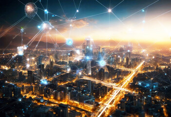 Obraz premium 'network communication information ict things internet iot concept city smart antennae tower japan tokyo wireless three-dimensional abstract access ai background building business landscape'