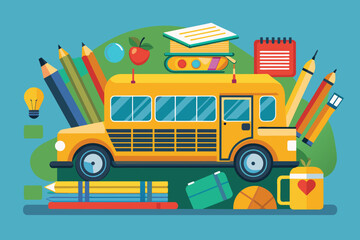 Yellow School Bus with Education and Back to School Supplies Flat Vector Illustration