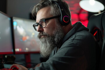 Older bearded gamer deeply focused on a competitive video game session, showcasing technology's reach across generations
