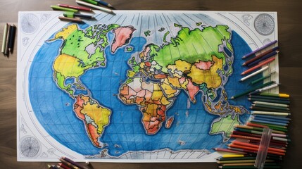 drawing world map, with colorful pencil background with paper on table