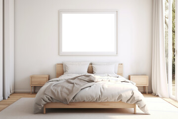 Poster mockup in modern coastal style bedroom interior with sofa. Frame mock up, blank artwork template 