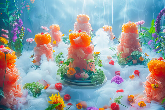 Dreamlike floating banquet in misty ambiance