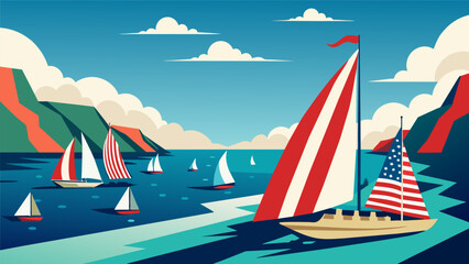 Against the backdrop of a stunning coastline sailboats in a race are adorned with bold American flags capturing the spirit of competition and pride in. Vector illustration