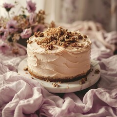 Carrot cake adorned with a velvety frosting and a rustic sprinkle of chopped nuts. Presented on a white plate against a backdrop of soft, pastel-colored linen.